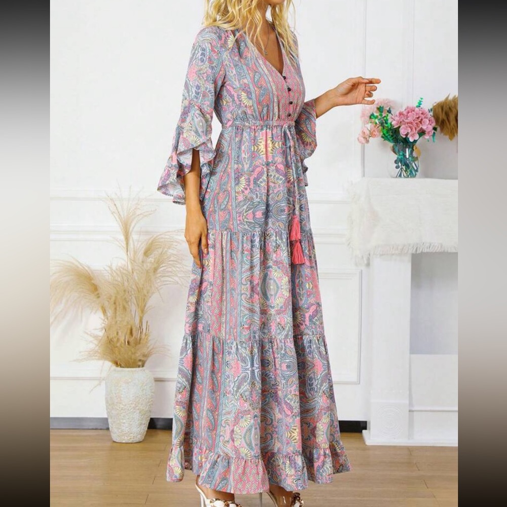 Boho Floral Print Paisley Flare Sleeve Ruffle Hem Maxi Dress - Picture 10 of 11